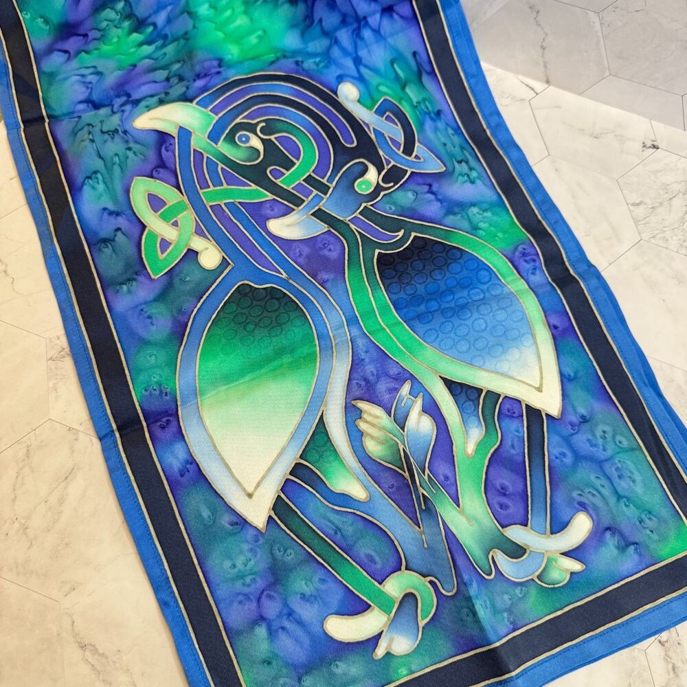 Hand Painted Silk Scarf Kathy Scrivens Blue Green Made In Scotland 11x57" in EUC